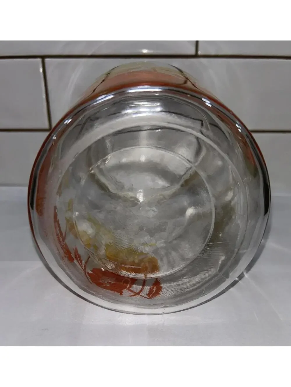 VINTAGE ANCHOR HOCKING CLEAR GLASS RED ORANGE WHITE MORNING GLORY PITCHER - Picture 5 of 5